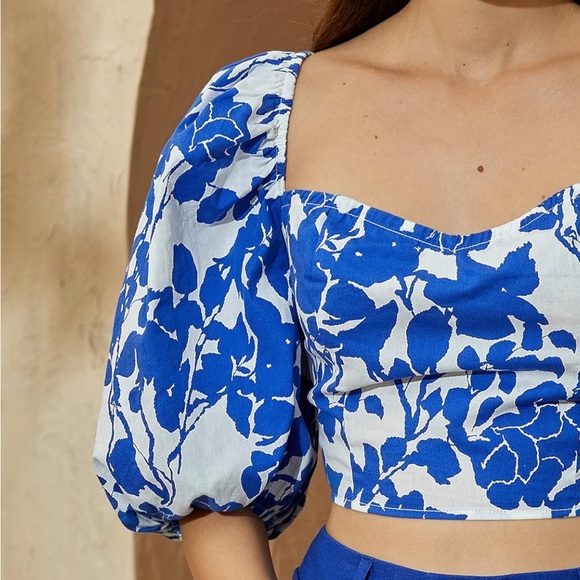 Sweetheart Neck 3/4 Puff Sleeve Criss Cross Tie Back Blouse Crop Top Size S - Picture 3 of 12